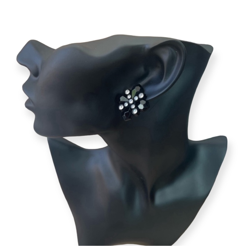 Beaded Black Earrings  Crossed with Rhinestones- Rare Vintage pre owned